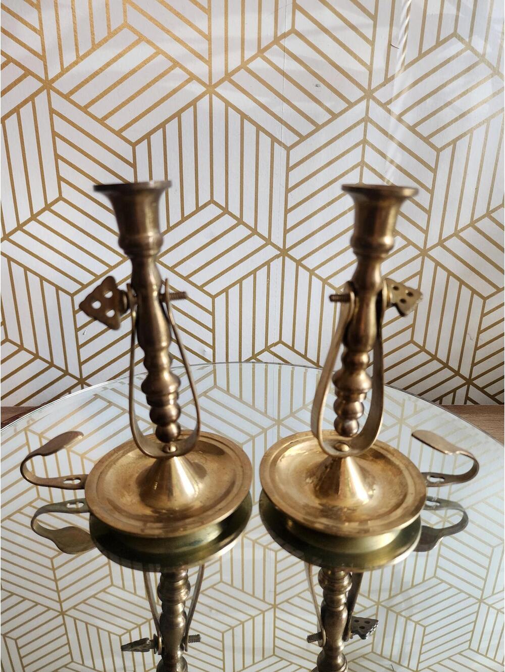 Antique Pair Brass Chamberstick Tilting Ship Candlestick Holders / Wall Sconces